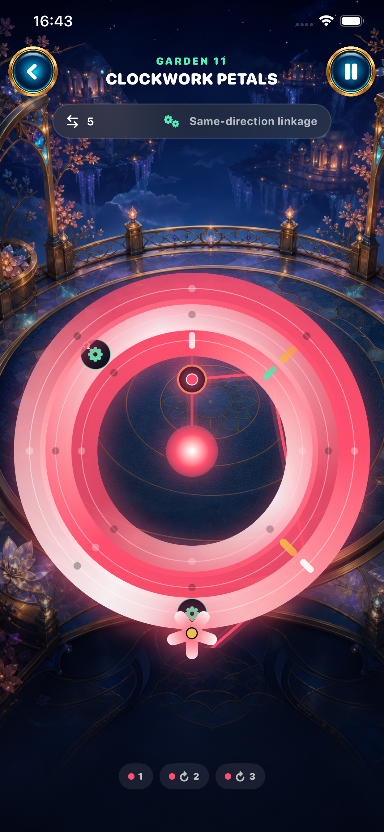 A glowing three-ring puzzle with linked mechanisms